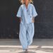 Women's Clothing Women's Fashion Two Piece Set Style V Neck Loose Short Sleeve Top With High Waisted Trousers Solid Color Casual_ecoleips.com