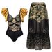 Women's Black Gold Printed Ruffled One Piece Swimsuit New Popular Swimwear_ecoleips.com