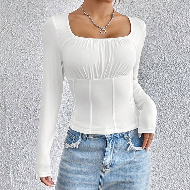 Voya Women's Clothing European And American Women's Clothing 2026 Spring-summer New Slim-fit Square-neck Long-sleeve T-shirt,_ecoleips.com
