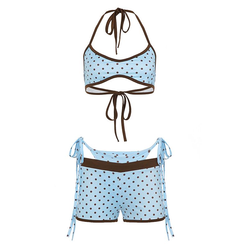 Summer Sexy Bikini Women's Polka Dot Color Block Halter Neck Set Shorts Three Piece Beach Vacation Style_ecoleips.com