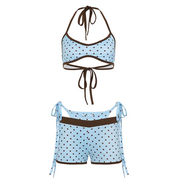Summer Sexy Bikini Women's Polka Dot Color Block Halter Neck Set Shorts Three Piece Beach Vacation Style_ecoleips.com