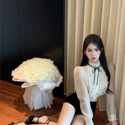 Sweet Stand Collar Ruffled Edge Autumn Puff Sleeve Semi-Transparent Mesh Blouse For Women With Buttons And Vintage Short_ecoleips.com