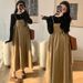 Autumn New Korean Fashion Knitted Top + Khaki Adjustable Strap Dress Two-Piece Set For Pregnant Women_ecoleips.com
