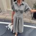 Women's Clothing Striped Shirt Dress Short Sleeved Midi Length Pleated Waist Slit_ecoleips.com