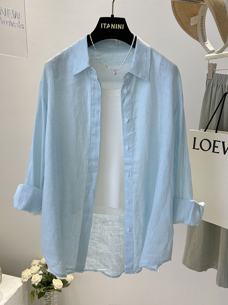 Women's Linen Shirt, New Spring/summer Korean Style, Loose Fit, Solid Color, Versatile, Slimming, Long-sleeved_ecoleips.com