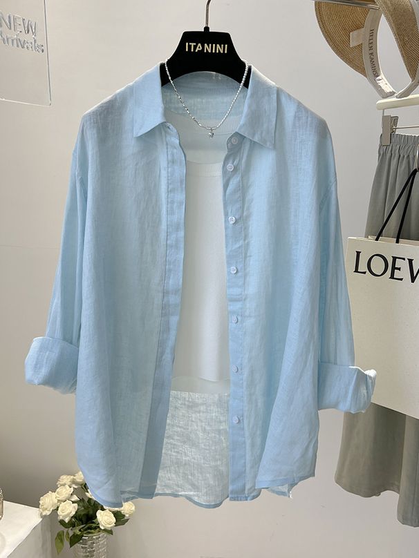 Women's Linen Shirt, New Spring/summer Korean Style, Loose Fit, Solid Color, Versatile, Slimming, Long-sleeved_ecoleips.com