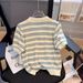 Women's Clothing Ice Silk Short Sleeved T Shirt Thin Design Niche Striped Sweater Top_ecoleips.com