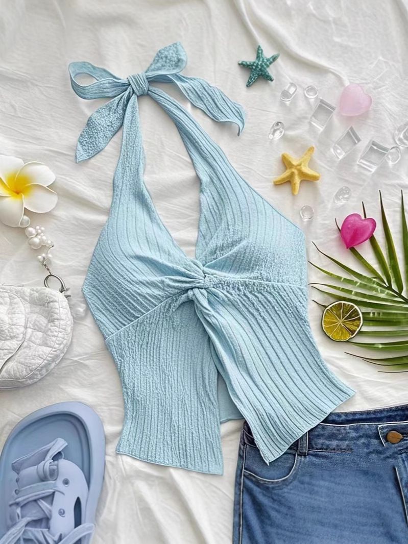 Women's Slim Fit Backless Sexy Halter Neck Short Top With Drawstring And Hollow Out Design Hot Girl Style Fashion_ecoleips.com