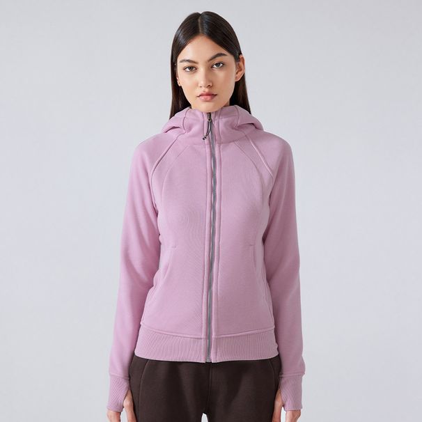 New Autumn/Winter Hooded Thick Slim Fit Yoga Sweatshirt, Warm Solid Color Long Sleeved Jacket With Pockets For Women_ecoleips.com