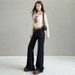 Women's Dark Blue Colorfast Low Rise Flared Jeans Autumn/Winter Style Regular Fit English Fashion Solid Polyester Denim_ecoleips.com