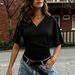 Women's V-Neck Short Sleeve T-Shirt With Waist-Defining Pleats - Elegant Solid Color Top For Casual Chic_ecoleips.com
