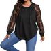 European American Cross-border Round-neck Hollow-out Pullover Top With Lace Splicing And Long Sleeves, Loose Fit_ecoleips.com