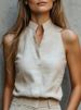 Elegant V-Neck Sleeveless Slimming Top for Women European And American Style Summer New Arrival Thin Polyester Tank Vest_ecoleips.com