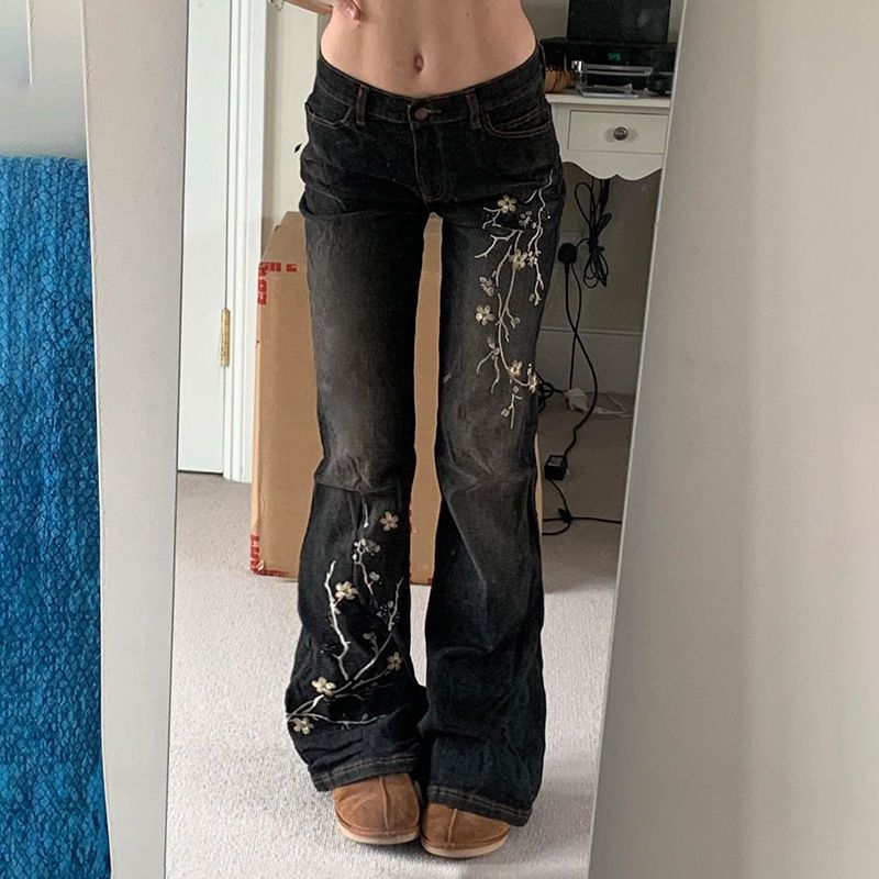 Women's Sexy Washed Black Denim Jeans Low Rise Flared Cowboy Style Floral Embroidery American Street Western Trend_ecoleips.com