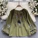 Women's Bohemian Style Vintage Embroidered Print Long Sleeve Shirt Top Loose Casual French Chic Doll Style_ecoleips.com