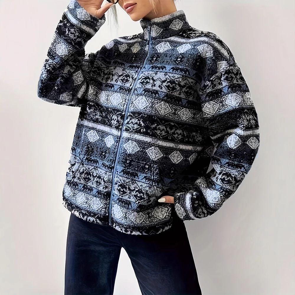 Women’s Clothing Autumn and Winter Geometric Pattern Casual All match Zippered Woolen Coat Hooded Plush Sweater Plush Warm_ecoleips.com