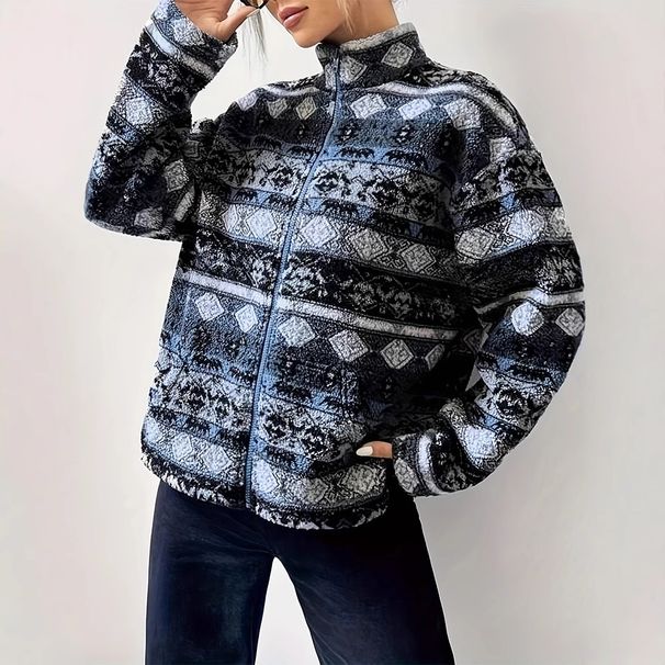 Women’s Clothing Autumn and Winter Geometric Pattern Casual All match Zippered Woolen Coat Hooded Plush Sweater Plush Warm_ecoleips.com