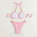 Solid Color Halter Neck Chain Split Swimsuit Three Point Beach Bikini Set_ecoleips.com