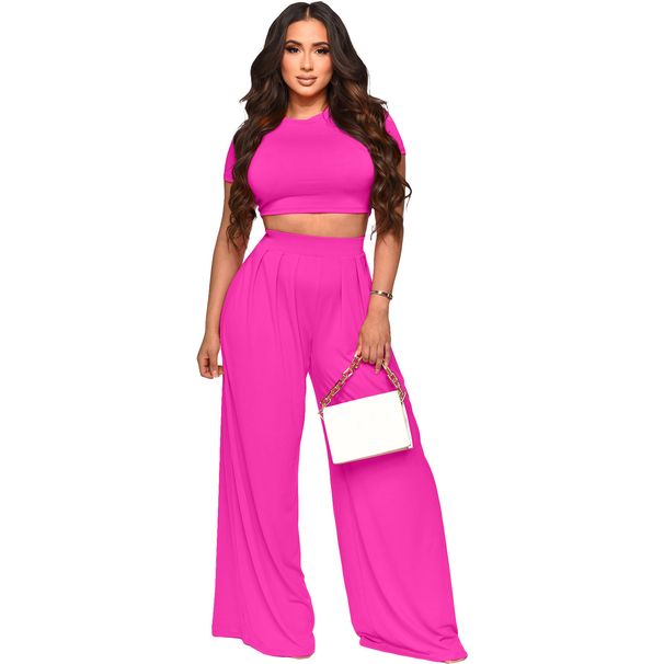 Women's Clothing Fashion Navel Baring Solid Color Wide Leg Pants Two Piece Suit_ecoleips.com