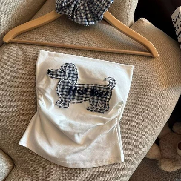 Puppy Embroidered Camisole For Women With Pads, Thai Style Spicy Girl Off-Shoulder Tube Top, Summer Chest Wrap_ecoleips.com