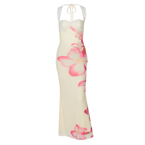 Women's Floral Print Off Shoulder Lace Panel Halter Backless Midi Dress – Summer Boho Gown_ecoleips.com