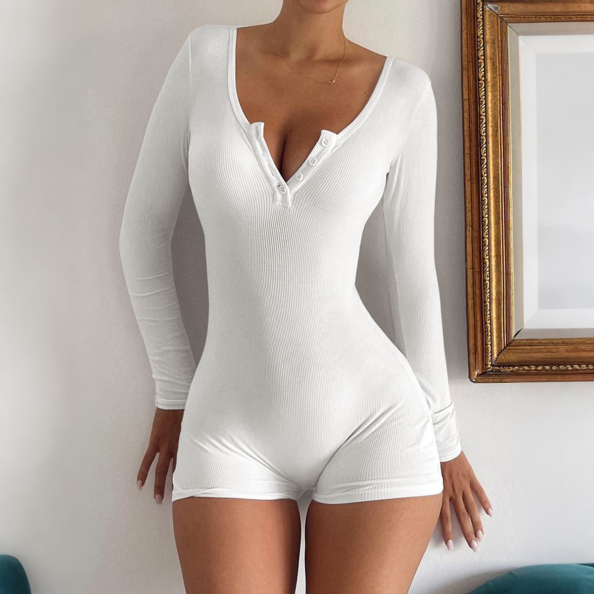 Women's Long Sleeve Shorts Jumpsuit, Solid Color Yoga Romper For Fitness, Dance, And Casual Wear_ecoleips.com