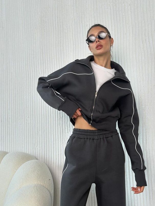 Voya Women's Slim Zip-Up Track Jacket & Wide Leg Pants Set – Black/White Contrast Stripe, Oversized Casual Streetwear, Gym & Daily Wear EU_ecoleips.com