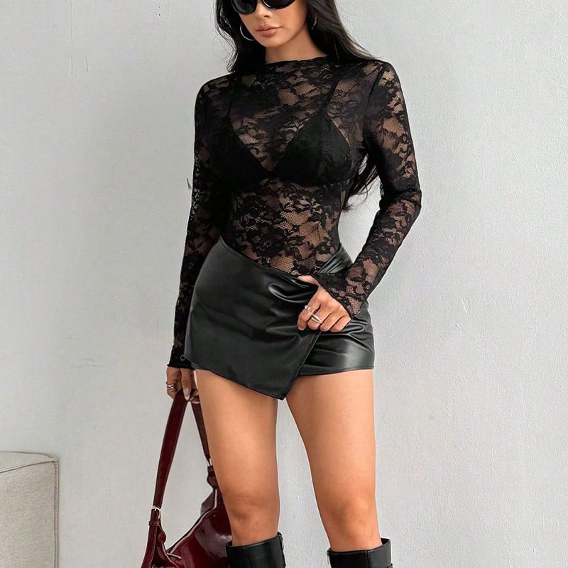 Women's Long Sleeve Rose Lace Shirt Sexy Semi-Transparent Slim Fit Top European American Style Casual Elegant Fashion Blouse for Summer_ecoleips.com