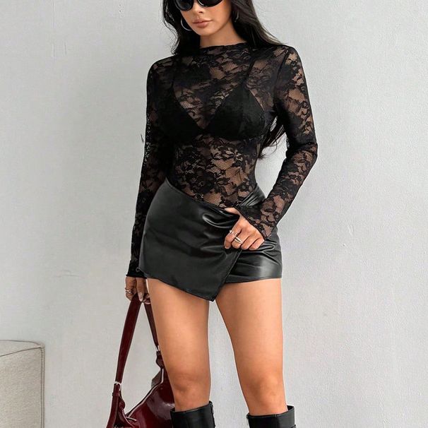 Women's Long Sleeve Rose Lace Shirt Sexy Semi-Transparent Slim Fit Top European American Style Casual Elegant Fashion Blouse for Summer_ecoleips.com