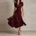 2026 Summer Short Sleeved High Waist Robe Dress Elegant Pleated Party Long Dresses Retro Solid Color Lapel Swing Commuting Dress_ecoleips.com