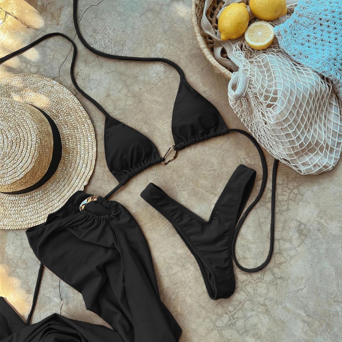 Women’s Clothing Drawstring Bikini Three Piece Metal Buckle Solid Color Split Swimsuit Female_ecoleips.com