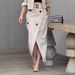 Women’s Clothing Women's Suit Lapel Patchwork No Long Sleeve Top Skirt Two piece Set with Belt_ecoleips.com