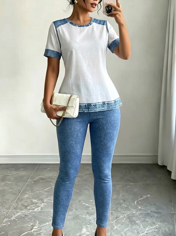 Women's Denim-Look Printed Lounge Set, Stretchy Knit Two Piece Outfit, Casual Comfort Jogger Set For Women_ecoleips.com