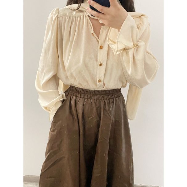 Longmei Loose Scarf Collar Shirt For Women 2025 Early Autumn New Korean Style Niche Light Luxury High-End Long Sleeve_ecoleips.com