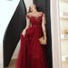 Elegant High-End New Bride Toast Wine Red Wedding Dress, Banquet Temperament Evening Gown For Women_ecoleips.com
