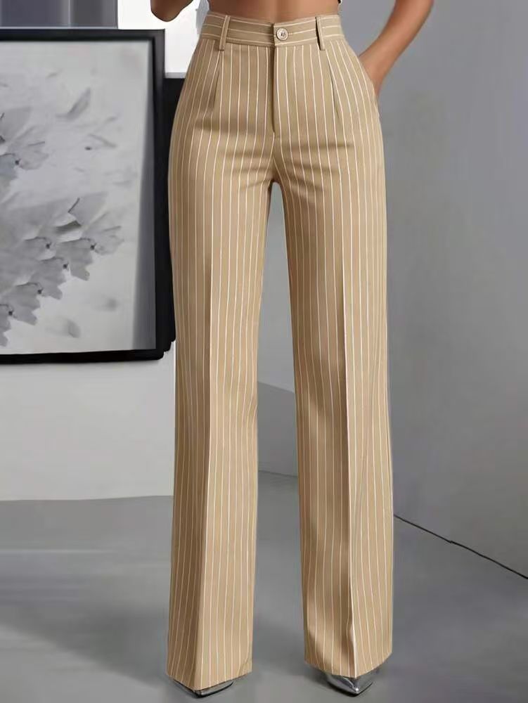 Women's High-Waisted Striped Wide-Leg Suit Pants Summer Elegant Fashionable Versatile Bottoms_ecoleips.com