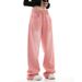 Women's Clothing High Street Loose Straight Pink Washed Jeans Spring And Summer High Waist Drape Mopping Wide Leg Trousers_ecoleips.com