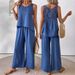 cross-border Women's Clothing Spring/summer Solid Color Hollow Lace Two-piece Set Casual Tank Top Wide-leg Pants_ecoleips.com