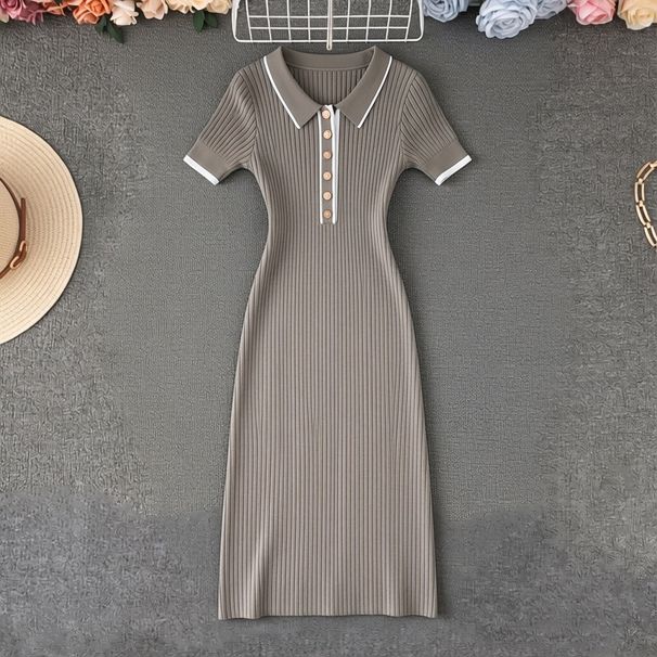 Korean Style Polo Collar Short Sleeved Dress Women's Color Blocking Sweater Dress Summer Export Skirt Casual Maxi Dress_ecoleips.com