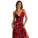 Fashion Women's Sleeveless V-Neck Printed Dress Sexy Waist Cinching Pleated Long Skirt Summer New_ecoleips.com