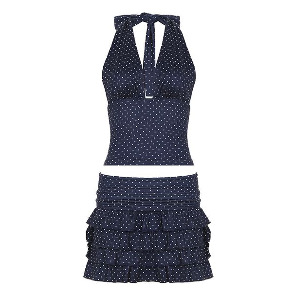 2025 Women's Sexy Pure Desire Polka Dot Color-Block Short Tie Halter Cake Dress Set Wholesale_ecoleips.com