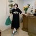 Korean Version Loose Casual Short Sleeved Dress Cute Letter Print Women's Round Neck Mid Length Skirt_ecoleips.com