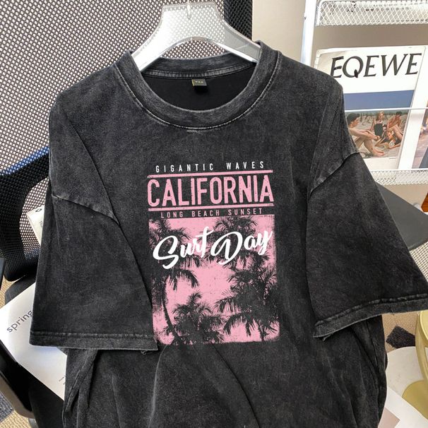 European And American Hip Hop Vintage Short Sleeve T-Shirt For Women Plus Size Loose Oversize Washed Black Print Top_ecoleips.com