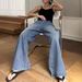 Women's Washed Blue Wide Leg Jeans Loose Straight Slimming Casual Pants European American Style_ecoleips.com