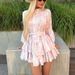 Women's French Style Short Dress Elegant Printed Small Stand Collar Flared Sleeves Single Breasted Tie Waist A-Line Skirt_ecoleips.com
