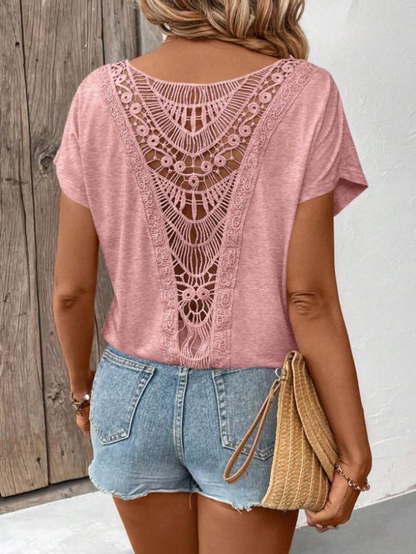 Women's Clothing Lace Stitching Short Sleeved T Shirt_ecoleips.com