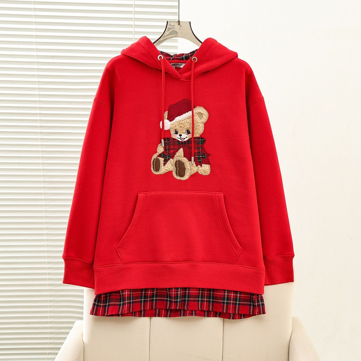 Women's Fleece Lined Hooded Sweatshirt Christmas Cartoon Plaid Print College Style Autumn Winter New 2025 YTMH254CL1B_ecoleips.com