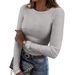 2026 Eurean And American Cross-Border New Women's Long Sleeve Stretch Crew Neck Ribbed T-Shirt Slim Fit Casual Basic_ecoleips.com