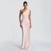Women's Clothing Elegant One Shoulder Asymmetrical Neckline Pleated Satin Long Dress Style High Waisted Slim Fit Bodycon_ecoleips.com