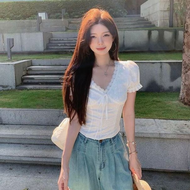 Solid Color Sweet Girly French Short-sleeve Lace Trim Shirt, New Summer Slimming White Top, Niche Style_ecoleips.com